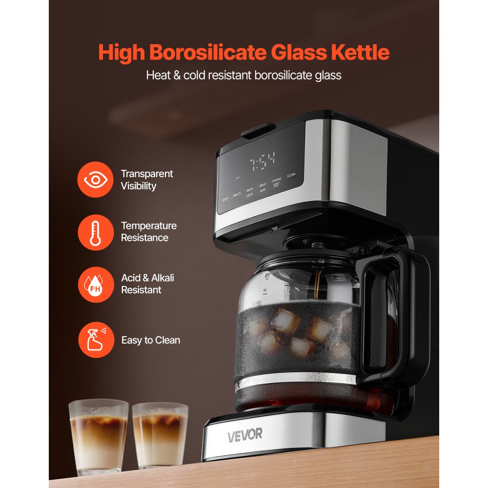 VEVOR Programmable Coffee Maker, 12 Cup Programmable Drip Coffee Makers with Touch Screen, 4-Hour Keep Warm Coffee Makers Drips, 2 Brew Strengths Drip Coffee Machine for Home, 24-Hour Programmable