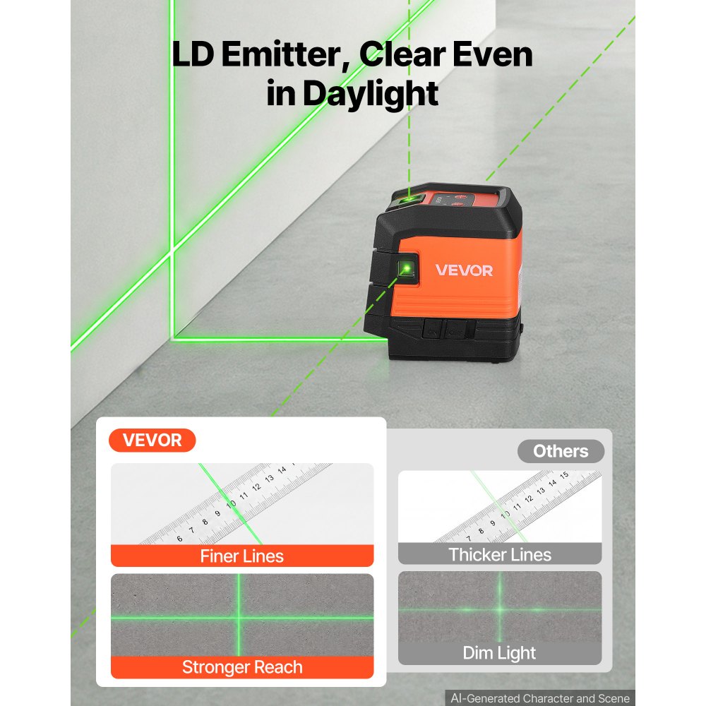 VEVOR Self Leveling Laser Level 98.4 ft Green Cross Line with 4-Point Laser, for Picture Hanging, Tile, DIY Construction, Manual, Self-Leveling, Pulse Modes, IP54 Water-Resistant, 8H Runtime, Tool Case