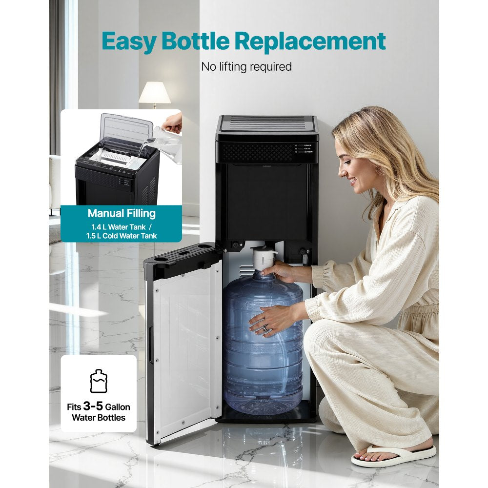 VEVOR Water Dispenser with Ice Maker, 3-in-1 Floor-Standing Water Dispenser, 33 LBS/24H, 9 Cubes/7 Min Fast Ice Making with 1.3 LBS Storage, Bullet Ice-Cubes & Cold-Water, for Home, Kitchen, Party