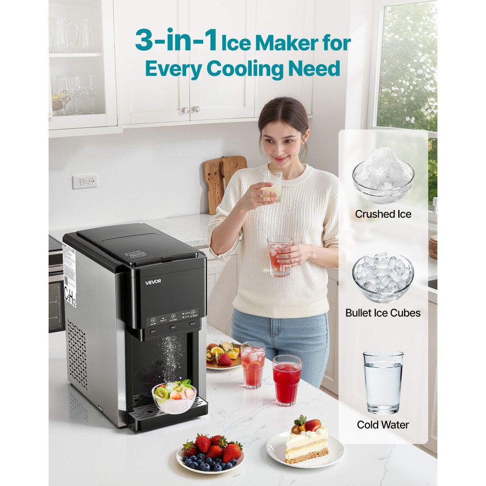 VEVOR Water Dispenser with Ice Maker, 3-in-1 Countertop Water Dispenser, 35 LBS/24H, 12 Cubes/7 Min Fast Ice Making with 4 LBS Storage, Bullet/Crushed Ices & Cold-Water, for Home, Kitchen, Party