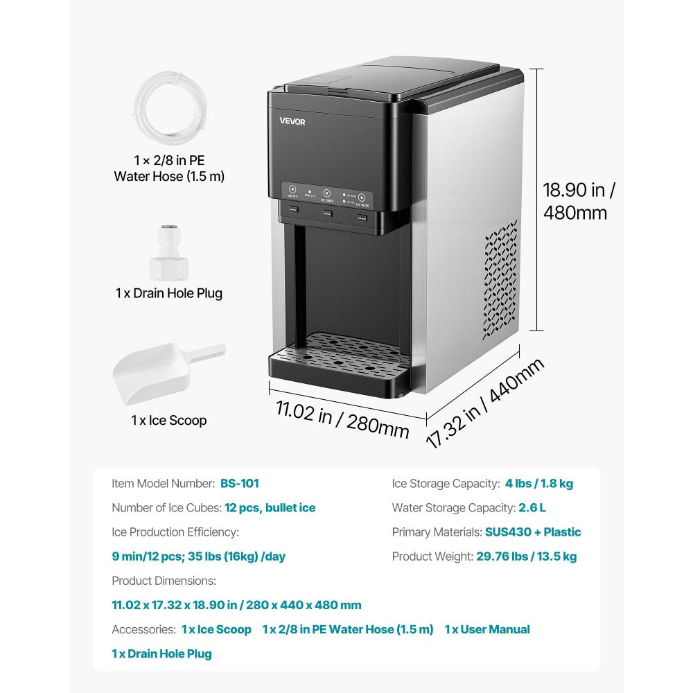 VEVOR Water Dispenser with Ice Maker, 3-in-1 Countertop Water Dispenser, 35 LBS/24H, 12 Cubes/7 Min Fast Ice Making with 4 LBS Storage, Bullet/Crushed Ices & Cold-Water, for Home, Kitchen, Party