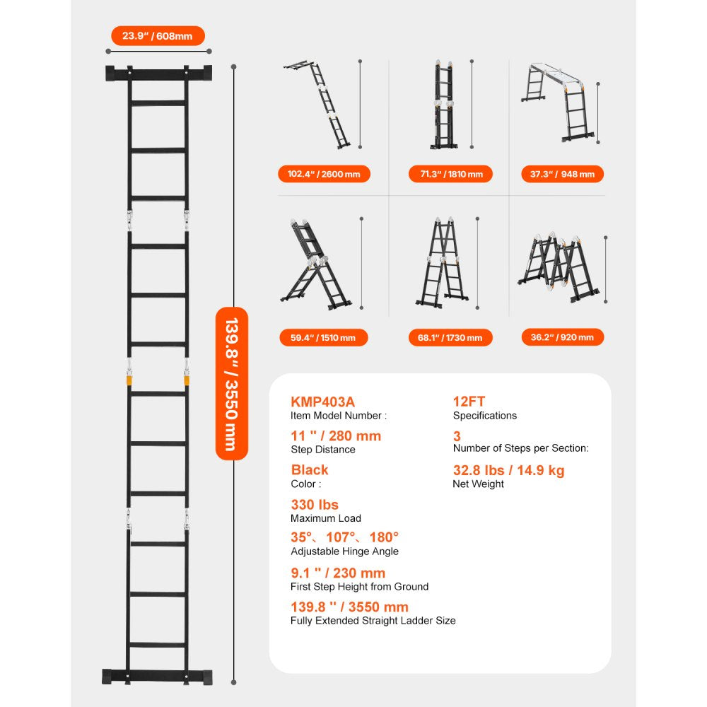 VEVOR Multi-Purpose Folding Ladder, 7-in-1 Tall Extension Step Ladder, A Frame 3 Step with Scaffolding Plank Telescoping Ladder, 12ft Reach Height Heavy Duty Ladder, 330 lbs Capacity for Home Outdoor