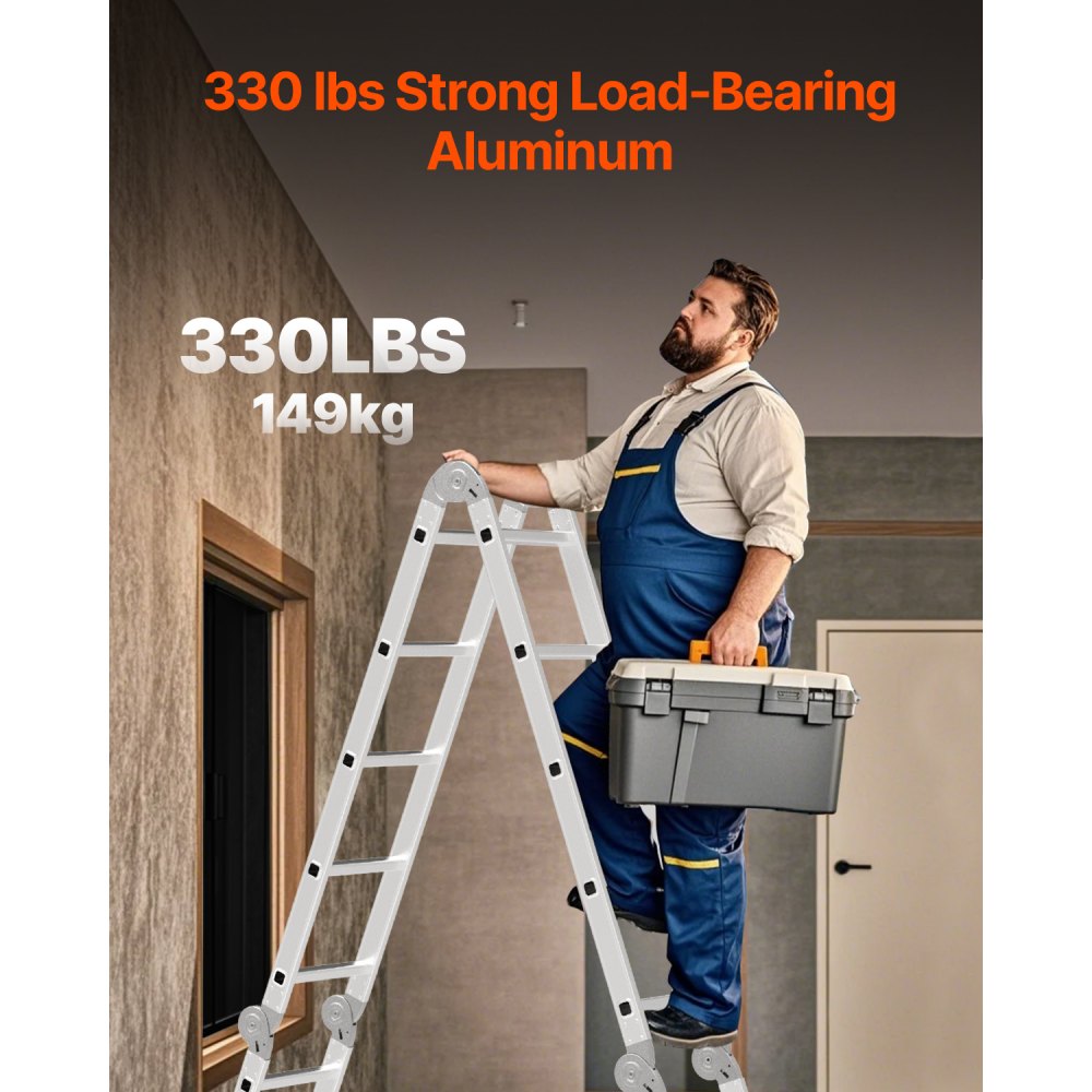VEVOR Multi-Purpose Folding Ladder, 7-in-1 Tall Extension Step Ladder, A Frame 4 Step Telescoping Ladder, 15.5ft Reach Height Heavy Duty Adjustable Ladder, 330 lbs Capacity for Home Outdoor