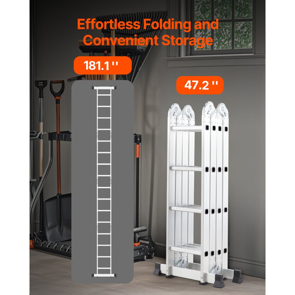 VEVOR Multi-Purpose Folding Ladder, 7-in-1 Tall Extension Step Ladder, A Frame 4 Step Telescoping Ladder, 15.5ft Reach Height Heavy Duty Adjustable Ladder, 330 lbs Capacity for Home Outdoor
