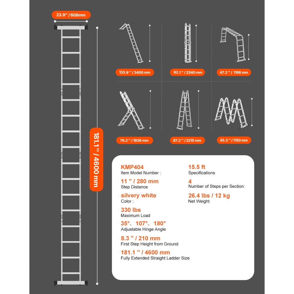 VEVOR Multi-Purpose Folding Ladder, 7-in-1 Tall Extension Step Ladder, A Frame 4 Step Telescoping Ladder, 15.5ft Reach Height Heavy Duty Adjustable Ladder, 330 lbs Capacity for Home Outdoor