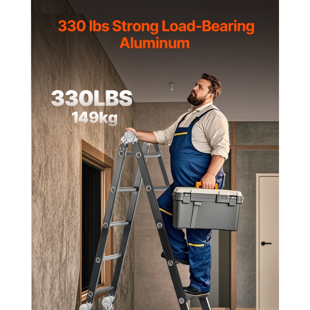 VEVOR Multi-Purpose Folding Ladder, 7-in-1 Tall Extension Step Ladder, A Frame 4 Step with Scaffolding Plank Telescoping Ladder, 15.5ft Reach Height Heavy Duty , 330 lbs Capacity for Home Outdoor