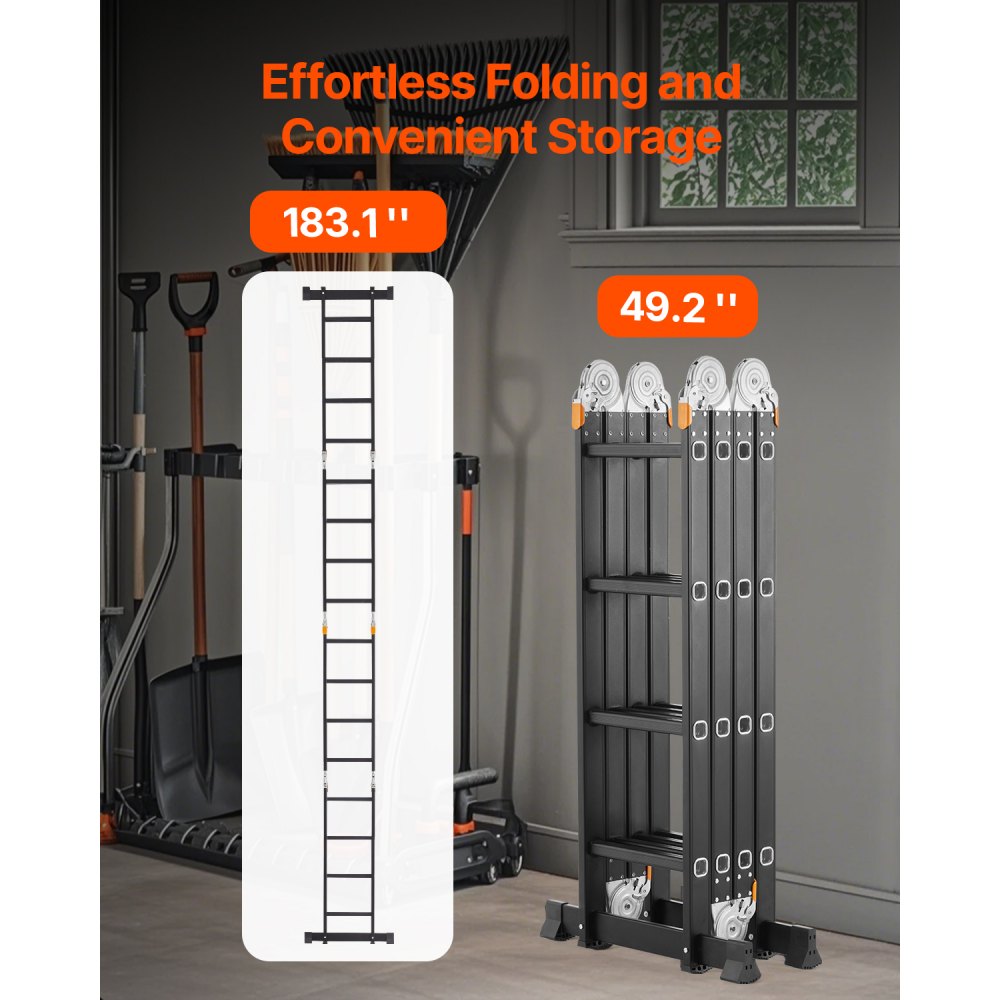 VEVOR Multi-Purpose Folding Ladder, 7-in-1 Tall Extension Step Ladder, A Frame 4 Step with Scaffolding Plank Telescoping Ladder, 15.5ft Reach Height Heavy Duty , 330 lbs Capacity for Home Outdoor