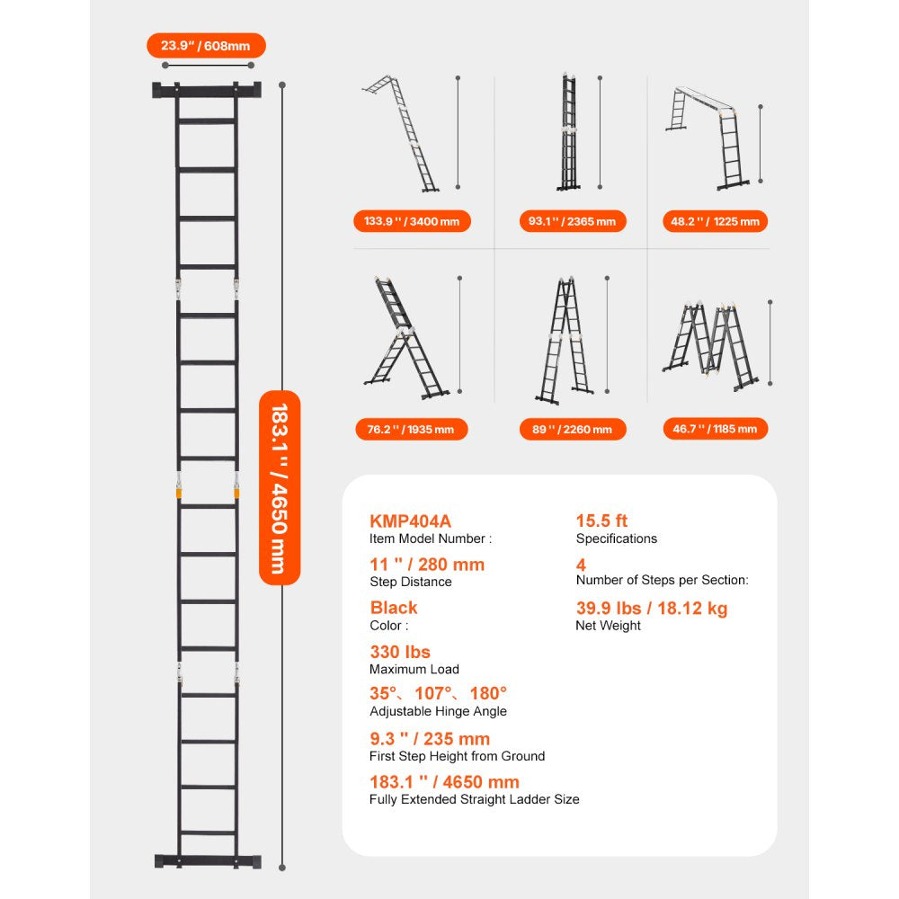 VEVOR Multi-Purpose Folding Ladder, 7-in-1 Tall Extension Step Ladder, A Frame 4 Step with Scaffolding Plank Telescoping Ladder, 15.5ft Reach Height Heavy Duty , 330 lbs Capacity for Home Outdoor