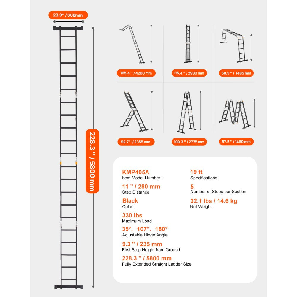 VEVOR Multi-Purpose Folding Ladder, 7-in-1 Tall Extension Step Ladder, A Frame 5 Step Telescoping Ladder, 19ft Reach Height Heavy Duty Adjustable Ladder, 330 lbs Capacity for Home Outdoor