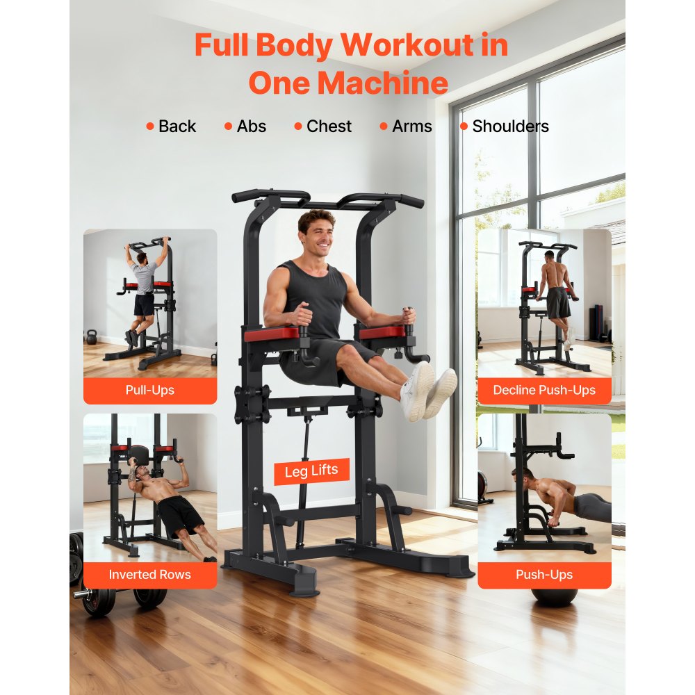 VEVOR Pull Up Bar, 330 LBS Power Tower Dip Station, Workout Dip Station with H-Shaped Stable Base & Assistance Platform, Adjustable 9 Level Height Pullup Stand for Back, 3-Level Adjustable Elbow Pads