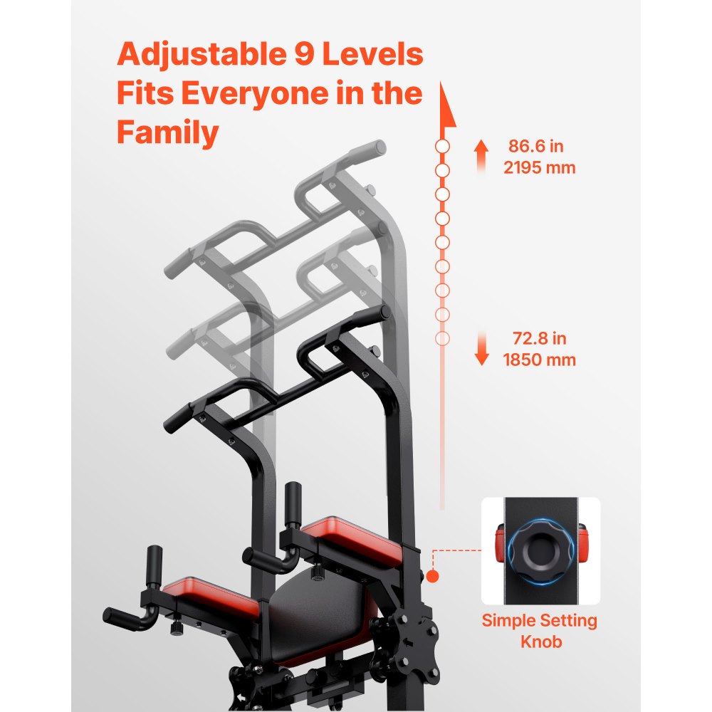 VEVOR Pull Up Bar, 330 LBS Power Tower Dip Station, Workout Dip Station with H-Shaped Stable Base & Assistance Platform, Adjustable 9 Level Height Pullup Stand for Back, 3-Level Adjustable Elbow Pads