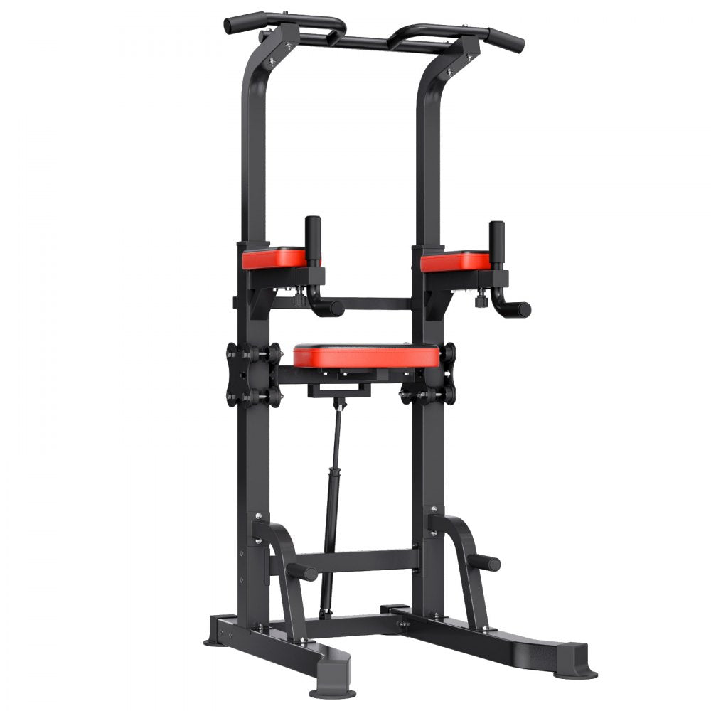 VEVOR Pull Up Bar, 330 LBS Power Tower Dip Station, Workout Dip Station with H-Shaped Stable Base & Assistance Platform, Adjustable 9 Level Height Pullup Stand for Back, 3-Level Adjustable Elbow Pads