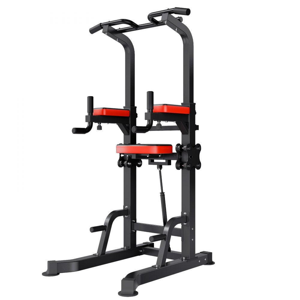 VEVOR Pull Up Bar, 330 LBS Power Tower Dip Station, Workout Dip Station with H-Shaped Stable Base & Assistance Platform, Adjustable 9 Level Height Pullup Stand for Back, 3-Level Adjustable Elbow Pads
