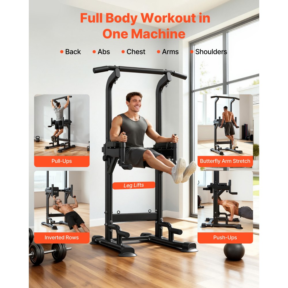 VEVOR Pull Up Bar, 330 LBS Power Tower Dip Station, Workout Dip Station with H-Shaped Stable Base & Back Pad, Adjustable 12 Level Height Free Standing Chin Up Bar for Back, 4-Level Adjustable Back Pad