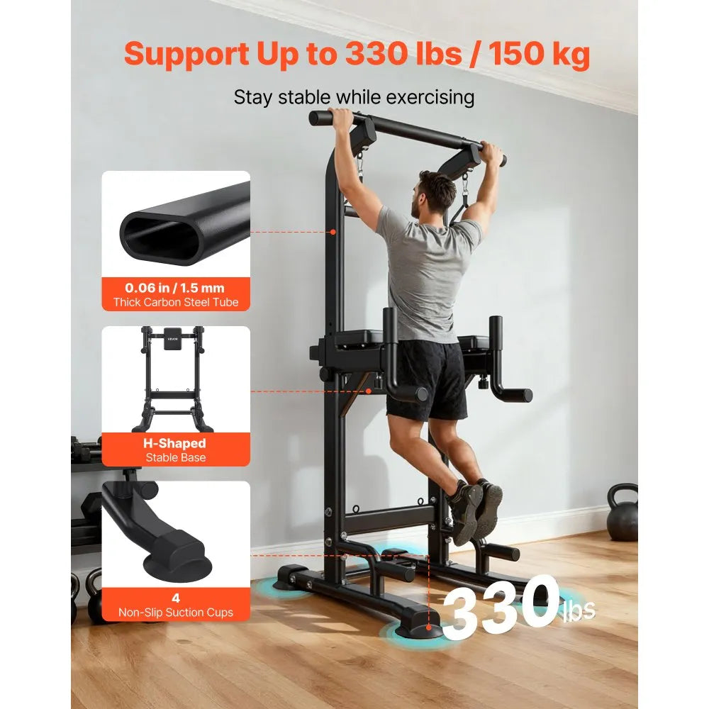 VEVOR Pull Up Bar, 330 LBS Power Tower Dip Station, Workout Dip Station with H-Shaped Stable Base & Back Pad, Adjustable 12 Level Height Free Standing Chin Up Bar for Back, 4-Level Adjustable Back Pad