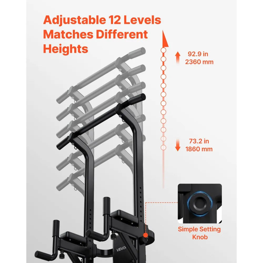VEVOR Pull Up Bar, 330 LBS Power Tower Dip Station, Workout Dip Station with H-Shaped Stable Base & Back Pad, Adjustable 12 Level Height Free Standing Chin Up Bar for Back, 4-Level Adjustable Back Pad