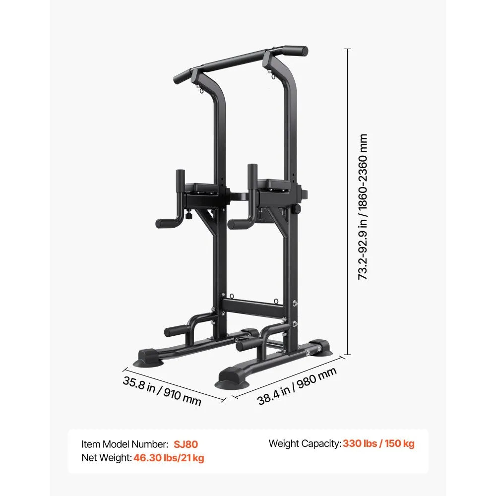 VEVOR Pull Up Bar, 330 LBS Power Tower Dip Station, Workout Dip Station with H-Shaped Stable Base & Back Pad, Adjustable 12 Level Height Free Standing Chin Up Bar for Back, 4-Level Adjustable Back Pad