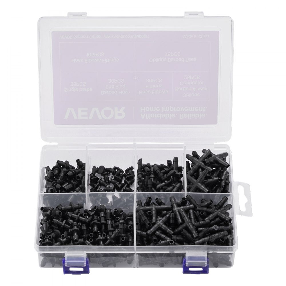 VEVOR  Drip Irrigation Fittings Kit for 1/4" Tubing, 300 Pcs Drip Irrigation System Parts, Tees, Straight Barb, 4 Way Coupling, Elbows, End Plug, Single Barbs, Barbed Connectors for Yard Garden Lawn