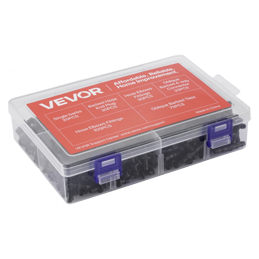 VEVOR  Drip Irrigation Fittings Kit for 1/4" Tubing, 300 Pcs Drip Irrigation System Parts, Tees, Straight Barb, 4 Way Coupling, Elbows, End Plug, Single Barbs, Barbed Connectors for Yard Garden Lawn