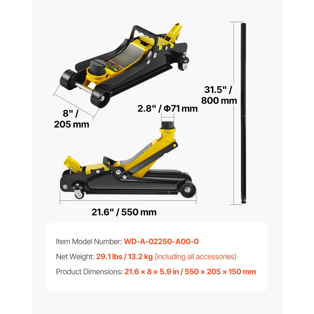 VEVOR Floor Jack, 2.5 Ton Low Profile Floor Jack, Heavy-duty Steel Racing Floor Jack With Single Piston Lift Pump, Floor Jack Lifting Range 3.35"-14.96"