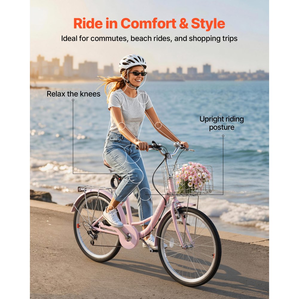 VEVOR Women Bike, 24 in Beach Cruiser Bike, 7-Speed Adult City Bicycle with Carbon Steel Frame, 330 lbs Capacity, Basket, Rear Rack & Dual V-Brakes, Pink