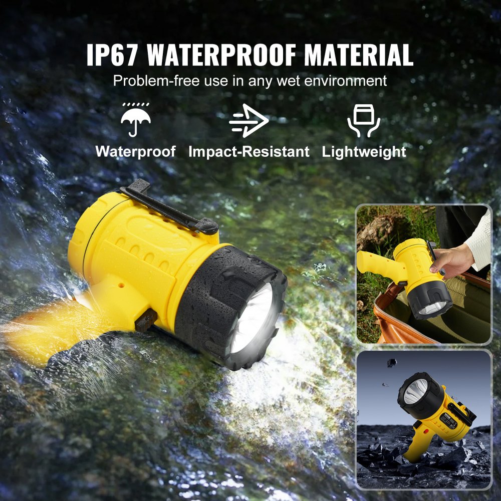 VEVOR Rechargeable Spotlight Flashlight, 1000,000 Lumens, IP67 Waterproof Handheld LED Spot Light, Super Bright Portable Searchlight with 4 Modes Detachable Lens USB Port, for Hunting Boating Camping
