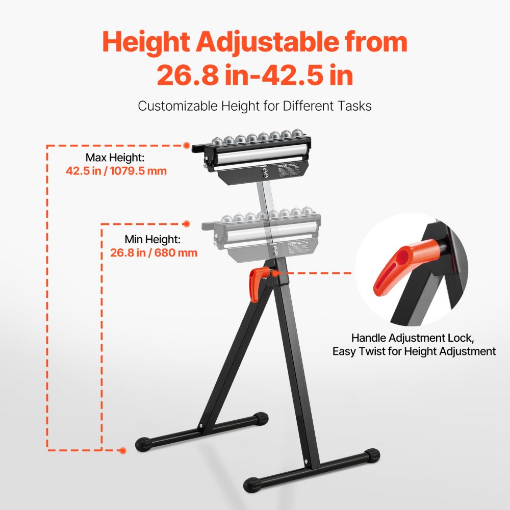 VEVOR Roller Stand, 300 lb Load Capacity, 26.8-42.5 in Adjustable Height, Folding Heavy Duty with 11.5 inch Polished Multi-directional Roller Head, for Table Saw Outfeed Woodworking Extension Support