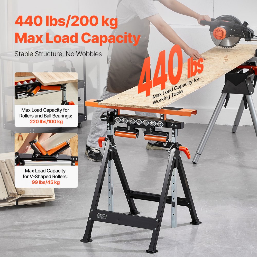 VEVOR 4-in-1 Roller Stand, 440 lb Load Capacity, 33-50 in Adjustable Height, Folding Heavy Duty with Rack & Polished Multi-directional Roller Head, for Table Saw Outfeed Woodworking Extension Support