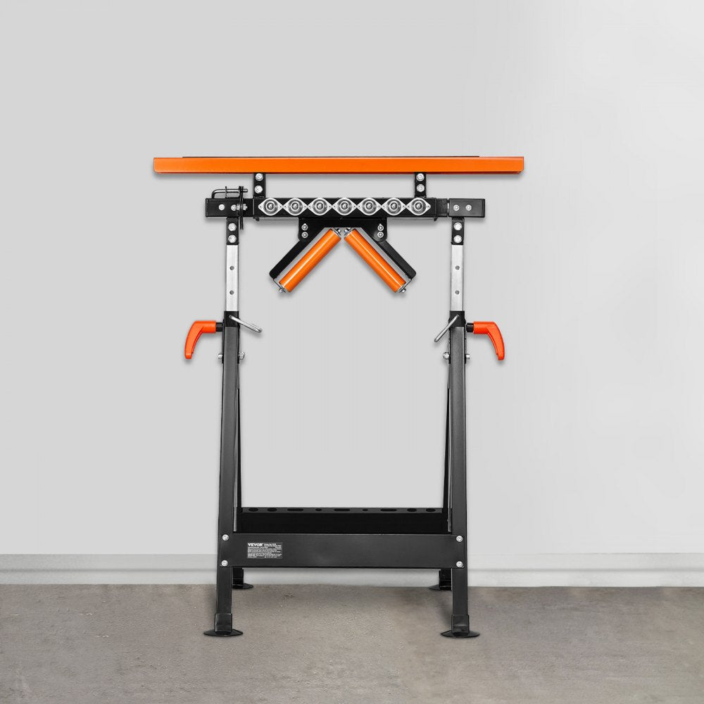 VEVOR 4-in-1 Roller Stand, 440 lb Load Capacity, 33-50 in Adjustable Height, Folding Heavy Duty with Rack & Polished Multi-directional Roller Head, for Table Saw Outfeed Woodworking Extension Support