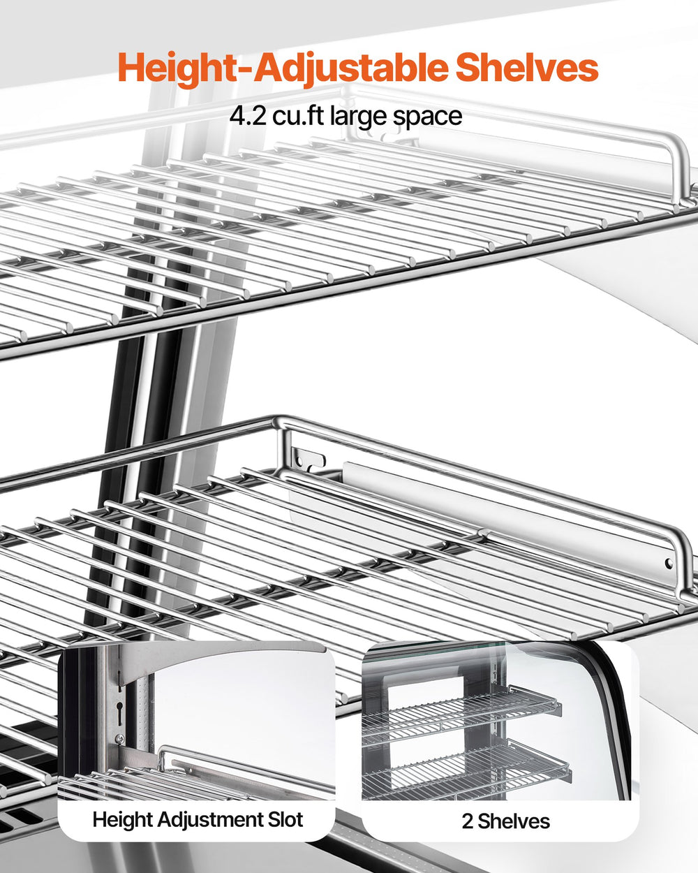 VEVOR Refrigerated Display Case - Height-Adjustable Shelves feature graphic