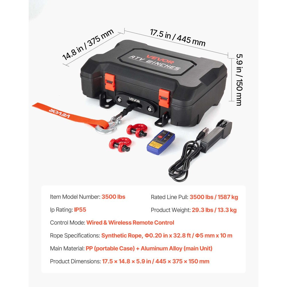 VEVOR Portable Winch, 3500 lbs 12V DC Electric Winch with Synthetic Rope, Wireless & Wired Remotes, Box-Style Recovery Kit with Fairlead, Clevis Hook, Strap for ATV UTV Off-Road Outdoor Pulling Tasks