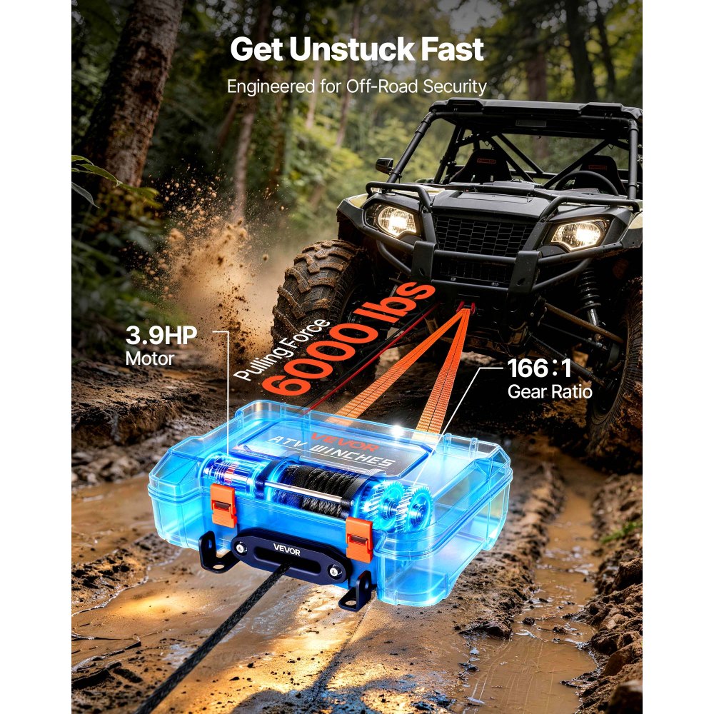 VEVOR Portable Winch, 6000 lbs 12V DC Electric Winch with Synthetic Rope, Wireless & Wired Remotes, Box-Style Recovery Kit with Fairlead, Clevis Hook, Strap for ATV UTV Off-Road Outdoor Pulling Tasks
