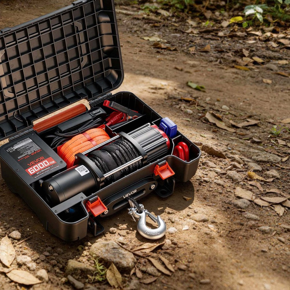 VEVOR Portable Winch, 6000 lbs 12V DC Electric Winch with Synthetic Rope, Wireless & Wired Remotes, Box-Style Recovery Kit with Fairlead, Clevis Hook, Strap for ATV UTV Off-Road Outdoor Pulling Tasks