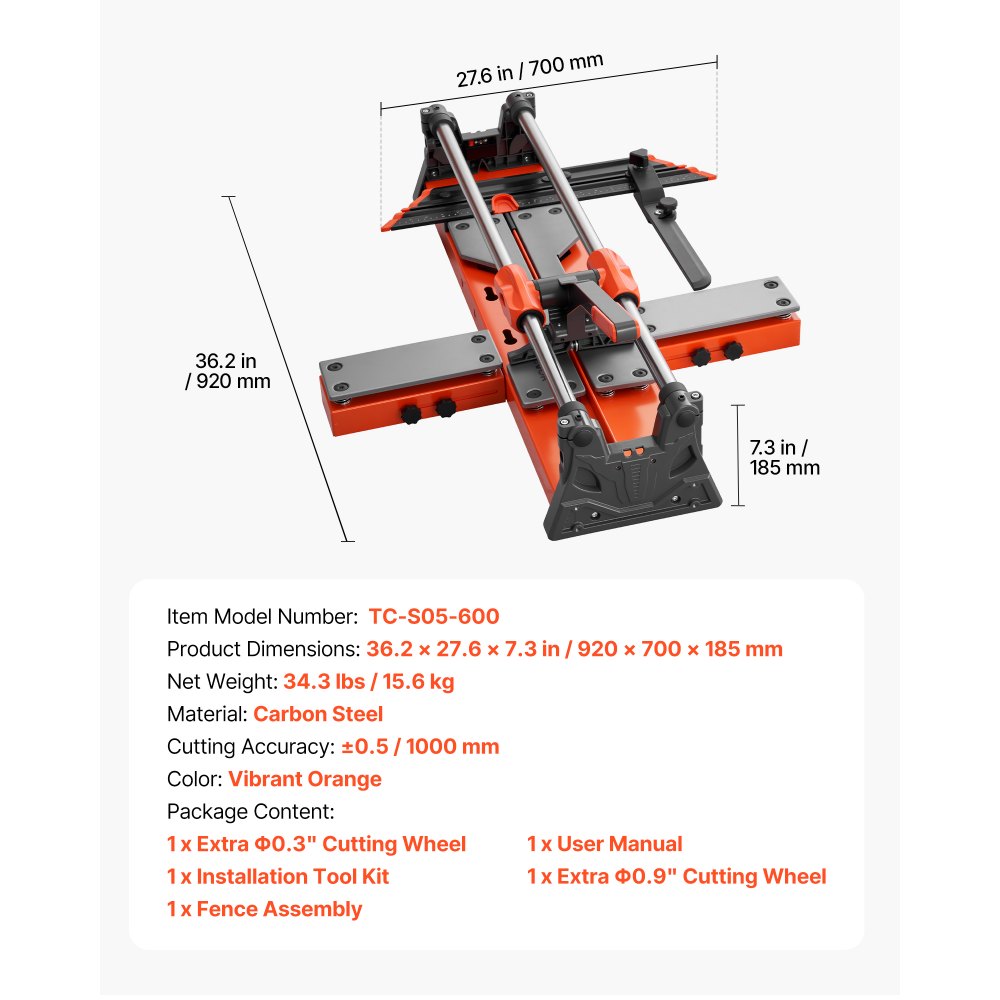 VEVOR 24-Inch Manual Tile Cutter, Upgraded Sliding Head Cutting Tool with Spring-Loaded Base, Angle Fence, Tungsten Carbide Cutting Wheel, Alignment Guide, for DIY Pros, Ceramic, Floor, Wall Tiles