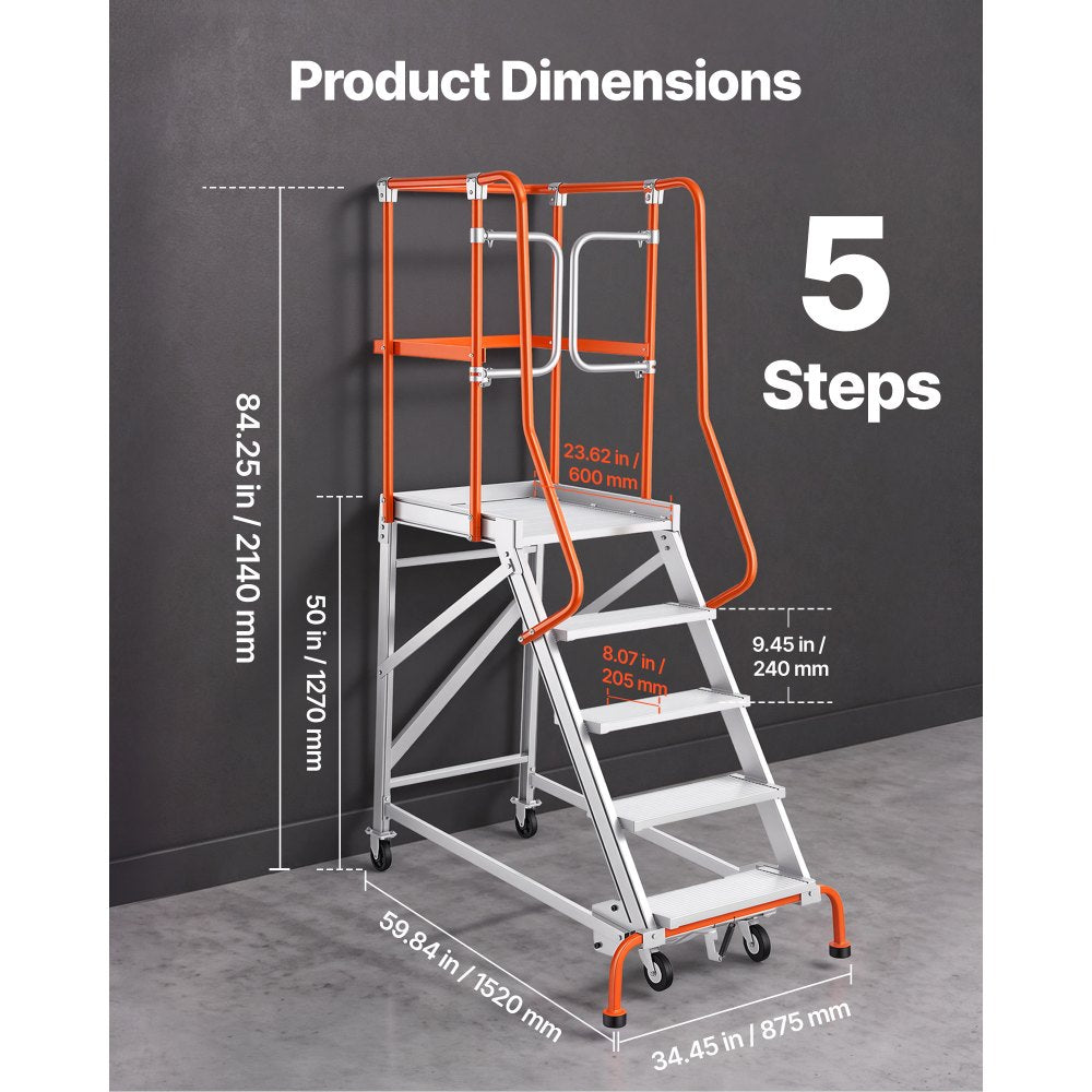 VEVOR 5-Step Rolling Warehouse Ladder Industrial Aluminum Mobile Step Stair, 360° Security Guardrails, Non-Slip Steps & Locking Wheels, 375LBS Capacity Heavy Duty Platform Ladder for Garage Library