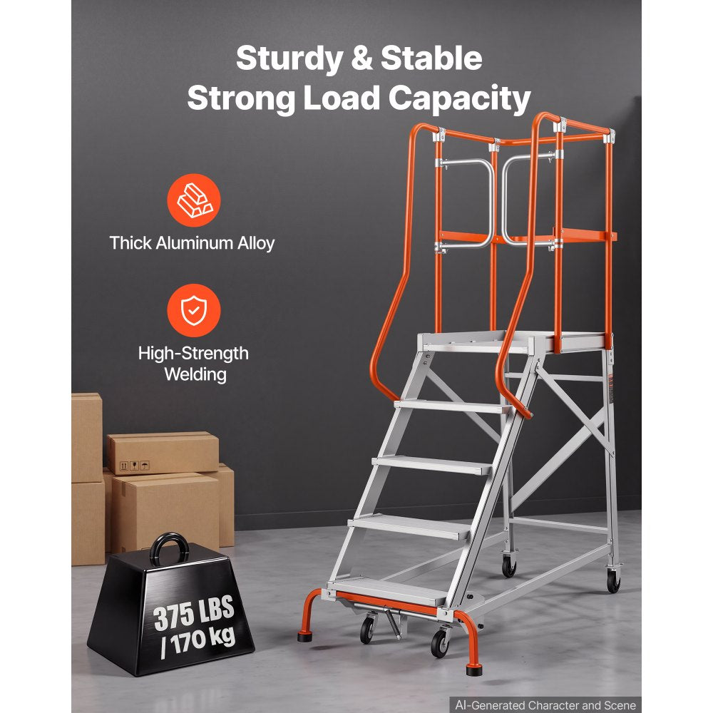 VEVOR 5-Step Rolling Warehouse Ladder Industrial Aluminum Mobile Step Stair, 360° Security Guardrails, Non-Slip Steps & Locking Wheels, 375LBS Capacity Heavy Duty Platform Ladder for Garage Library