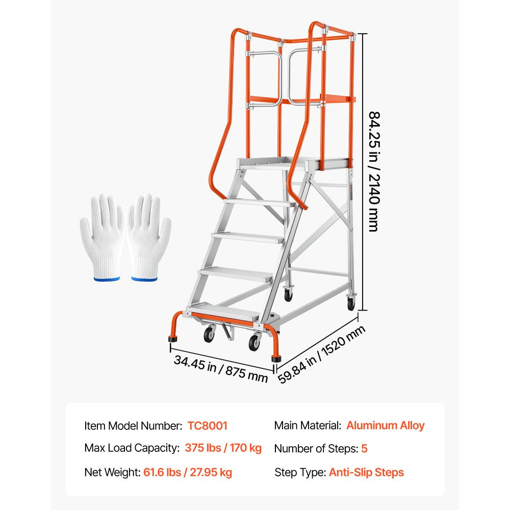 VEVOR 5-Step Rolling Warehouse Ladder Industrial Aluminum Mobile Step Stair, 360° Security Guardrails, Non-Slip Steps & Locking Wheels, 375LBS Capacity Heavy Duty Platform Ladder for Garage Library
