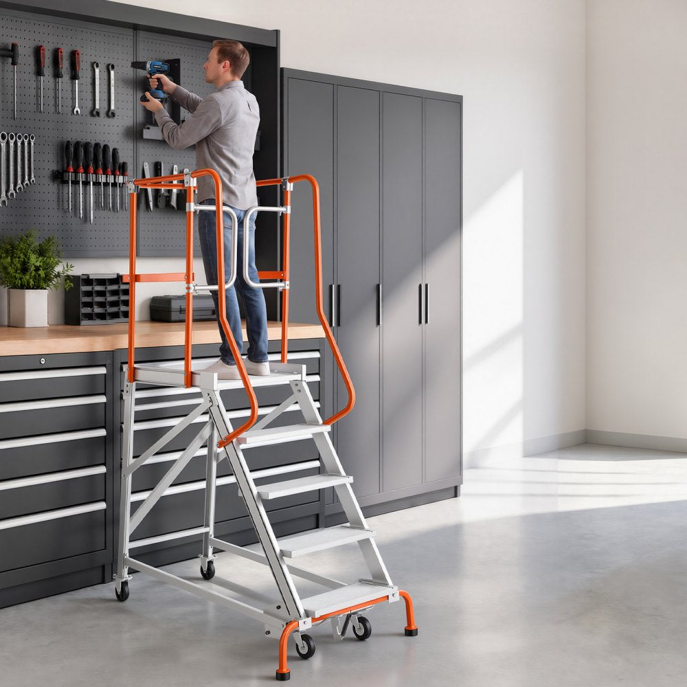 VEVOR 5-Step Rolling Warehouse Ladder Industrial Aluminum Mobile Step Stair, 360° Security Guardrails, Non-Slip Steps & Locking Wheels, 375LBS Capacity Heavy Duty Platform Ladder for Garage Library