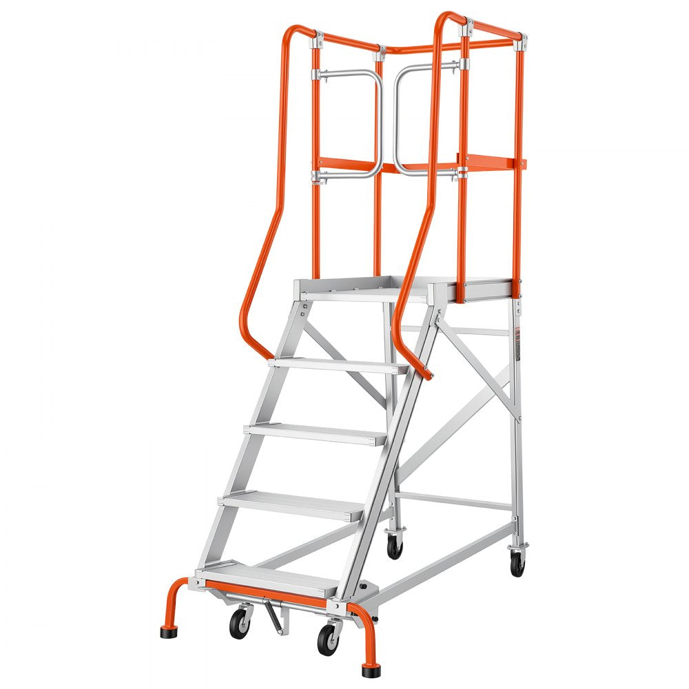 VEVOR 5-Step Rolling Warehouse Ladder Industrial Aluminum Mobile Step Stair, 360° Security Guardrails, Non-Slip Steps & Locking Wheels, 375LBS Capacity Heavy Duty Platform Ladder for Garage Library