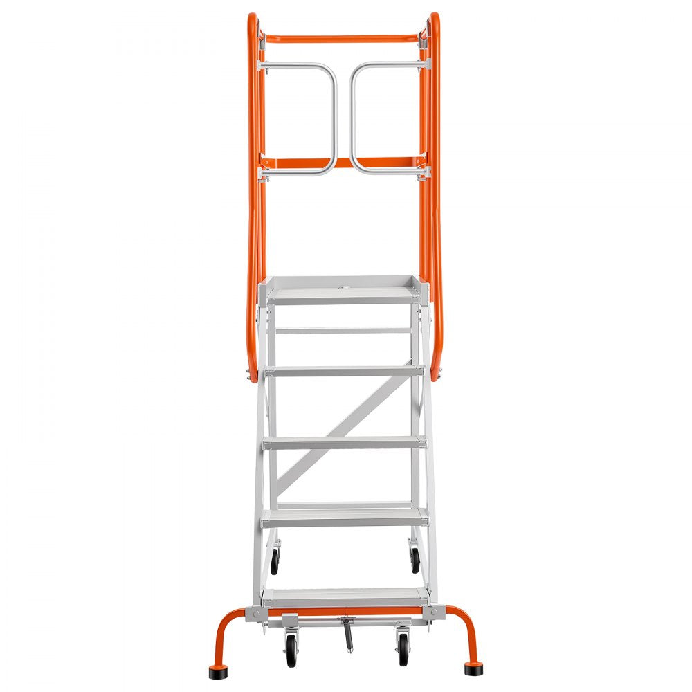 VEVOR 5-Step Rolling Warehouse Ladder Industrial Aluminum Mobile Step Stair, 360° Security Guardrails, Non-Slip Steps & Locking Wheels, 375LBS Capacity Heavy Duty Platform Ladder for Garage Library