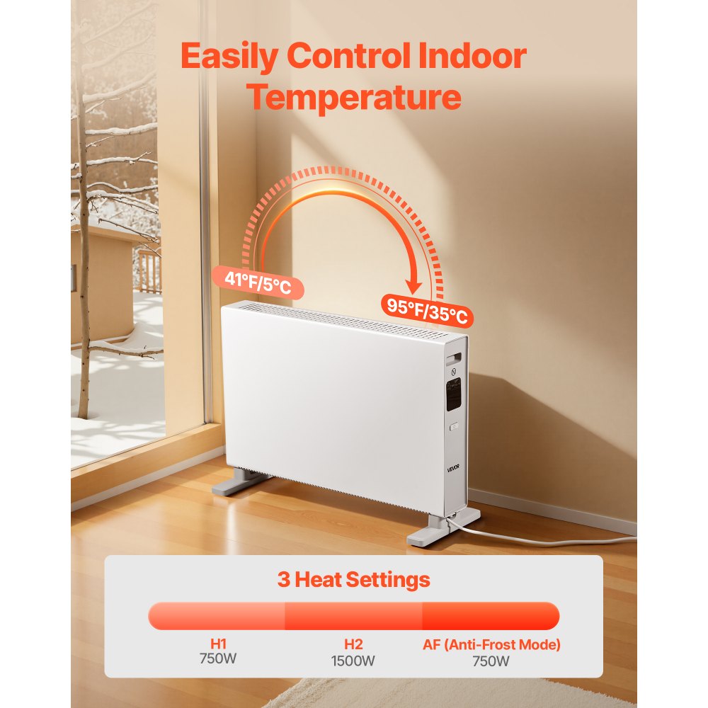 VEVOR Convection Panel Heater, 1500W Electric Panel Space Heater with Remote & Touch Control, 3 Modes, 24H Timer, Stand or Wall Mount Design with Anti-Tipping & Overheat Protection for Home and Office