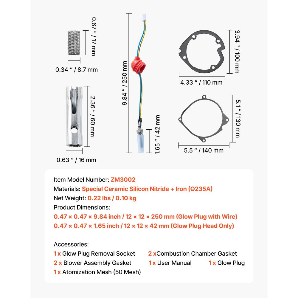 VEVOR 8V Glow Plug Repair Kit, Glow Plug Heater Repair Parking Heater Maintenance Kit with Atomization Mesh, Compatible with 5KW 8KW Diesel Air Heaters Models, Diesel Heaters Parts for Car Truck