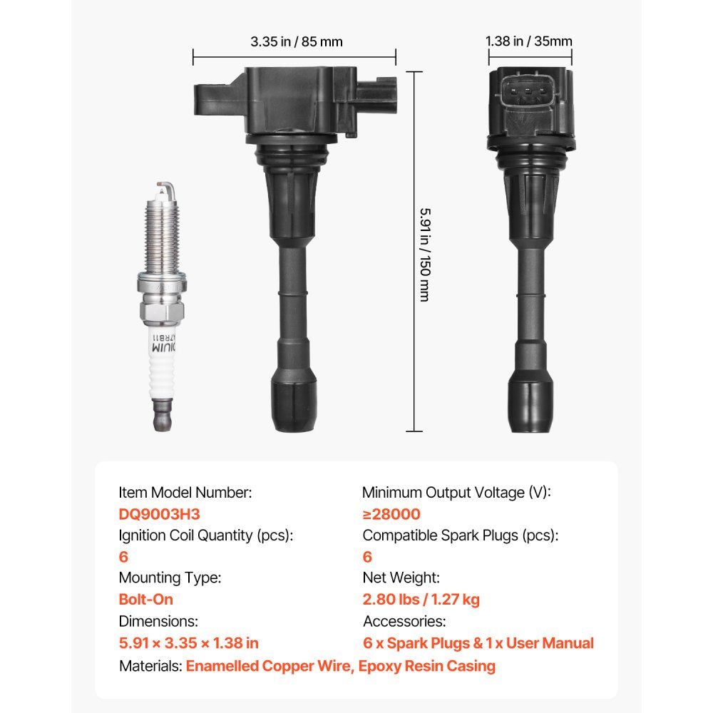 VEVOR Ignition Coil Pack and Spark Plugs, Set of 6, Compatible with Nissan Murano Maxima Pathfinder 350Z Altima Quest Infiniti EX35 FX35 G25 G35 JX35 M35 M35h Q50 Q70 QX60 3.5L V6, for UF550 C1670