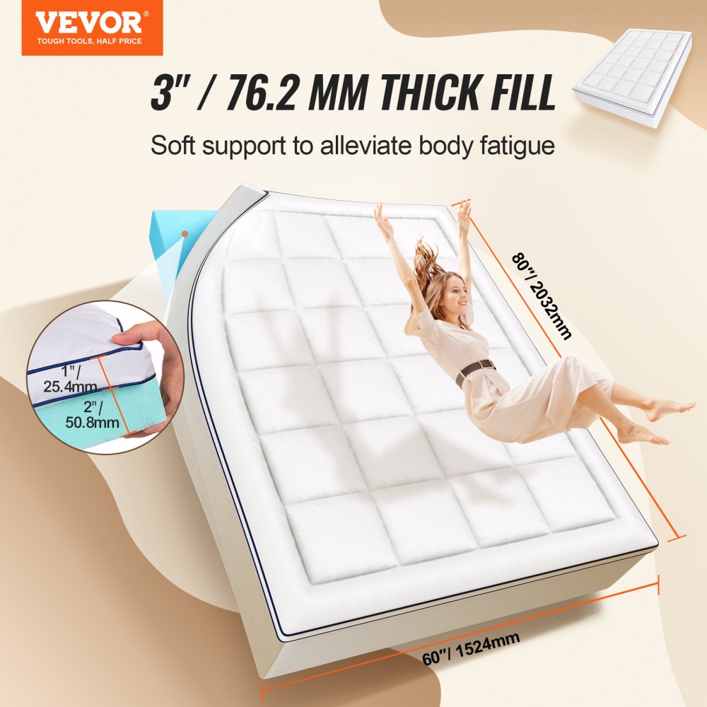 VEVOR Mattress Topper, Queen Size, 3 in Thickness, Memory Foam, Fiber Fill, Detachable & Washable Casing, Ergonomically Designed for Pressure Relief, Comfortable Cooling & Breathable, for Hot Sleepers