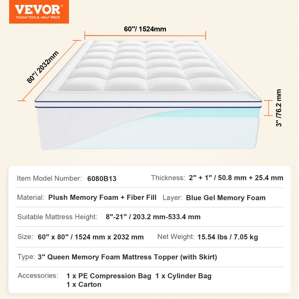 VEVOR Mattress Topper, Queen Size, 3 in Thickness, Memory Foam, Fiber Fill, Detachable & Washable Casing, Ergonomically Designed for Pressure Relief, Comfortable Cooling & Breathable, for Hot Sleepers