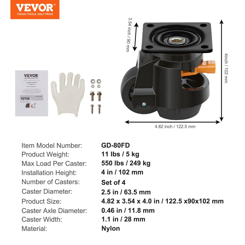 VEVOR Leveling Casters, Set of 4, 2200 lbs Total Load Capacity, 2.5 inches, Heavy Duty with Upgraded Handle Design, 360 Degree Swivel Caster Wheels, Adjustable Casters with Feet for Workbench, Machine