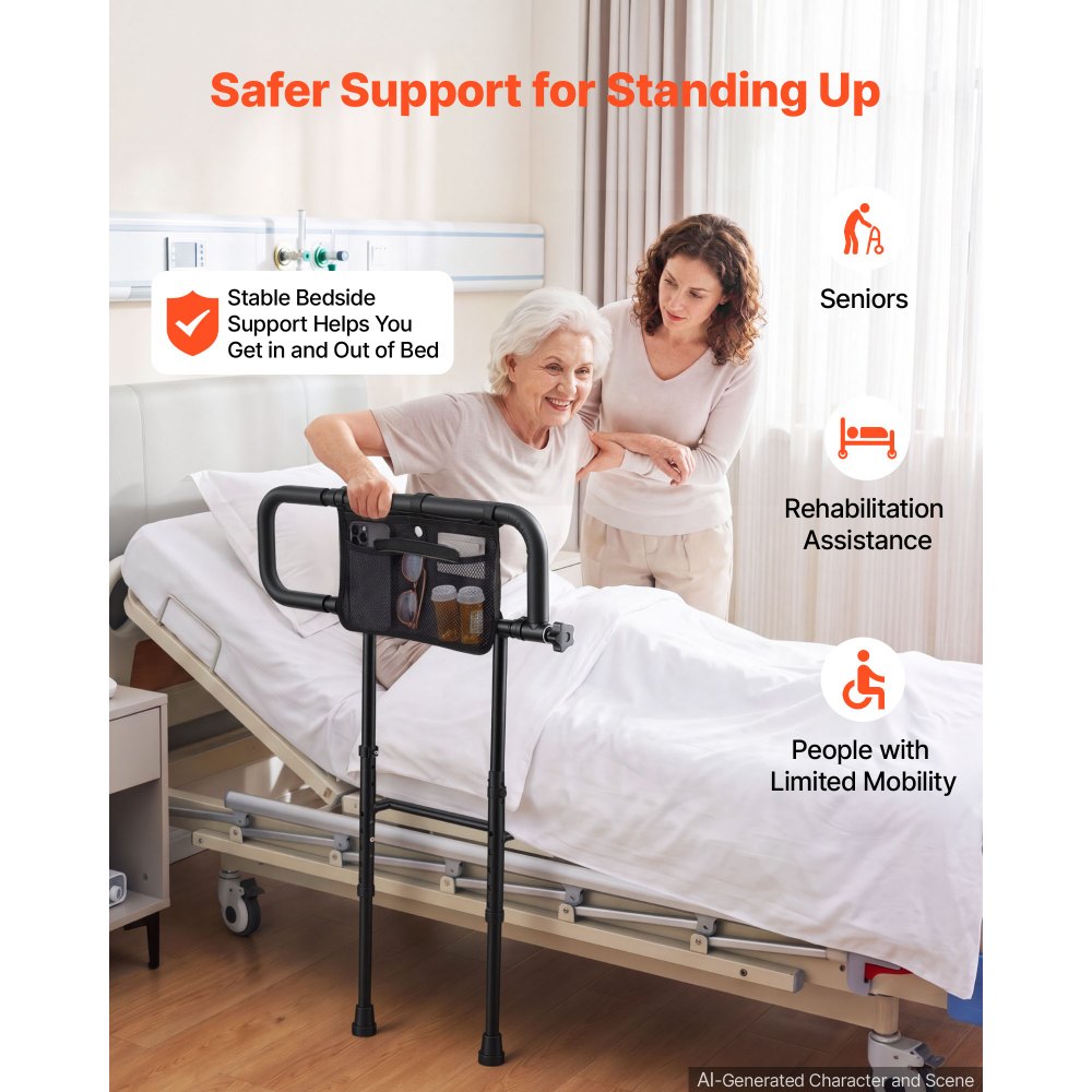 VEVOR Bed Rails for Elderly Adults Folding Bed Side Rail with Floor Support, Length & Height Adjustable, 300LBS Strong Capacity, Bedside Assist Cane with Storage Pocket, Fits King Queen Full Twin Bed