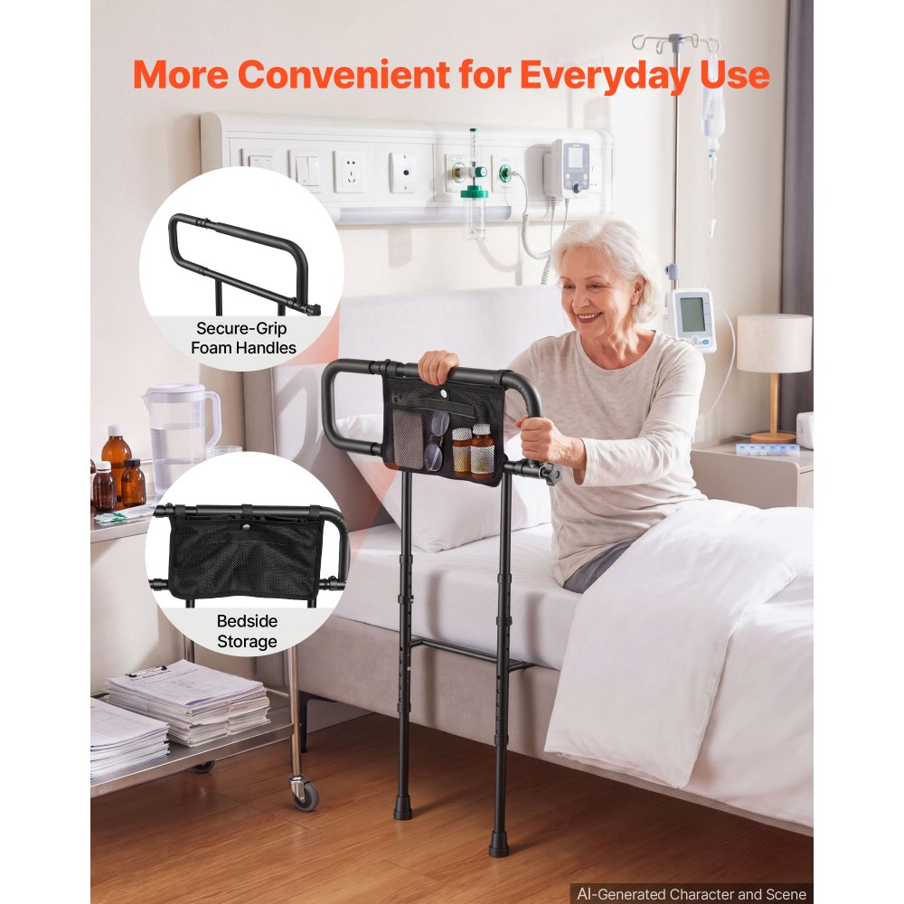 VEVOR Bed Rails for Elderly Adults Folding Bed Side Rail with Floor Support, Length & Height Adjustable, 300LBS Strong Capacity, Bedside Assist Cane with Storage Pocket, Fits King Queen Full Twin Bed