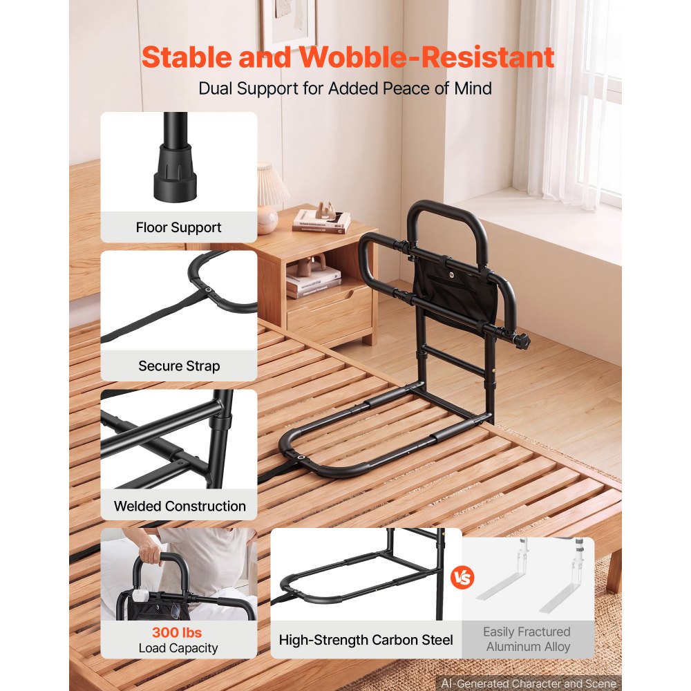 VEVOR Bed Rail for Elderly Adult Folding Bed Assist Rail with Floor Support, Motion Sensor LED Light, 300LBS Dual-Handle Support, Adjustable Handle Length, Storage Pocket, Fit King Queen Full Twin Bed