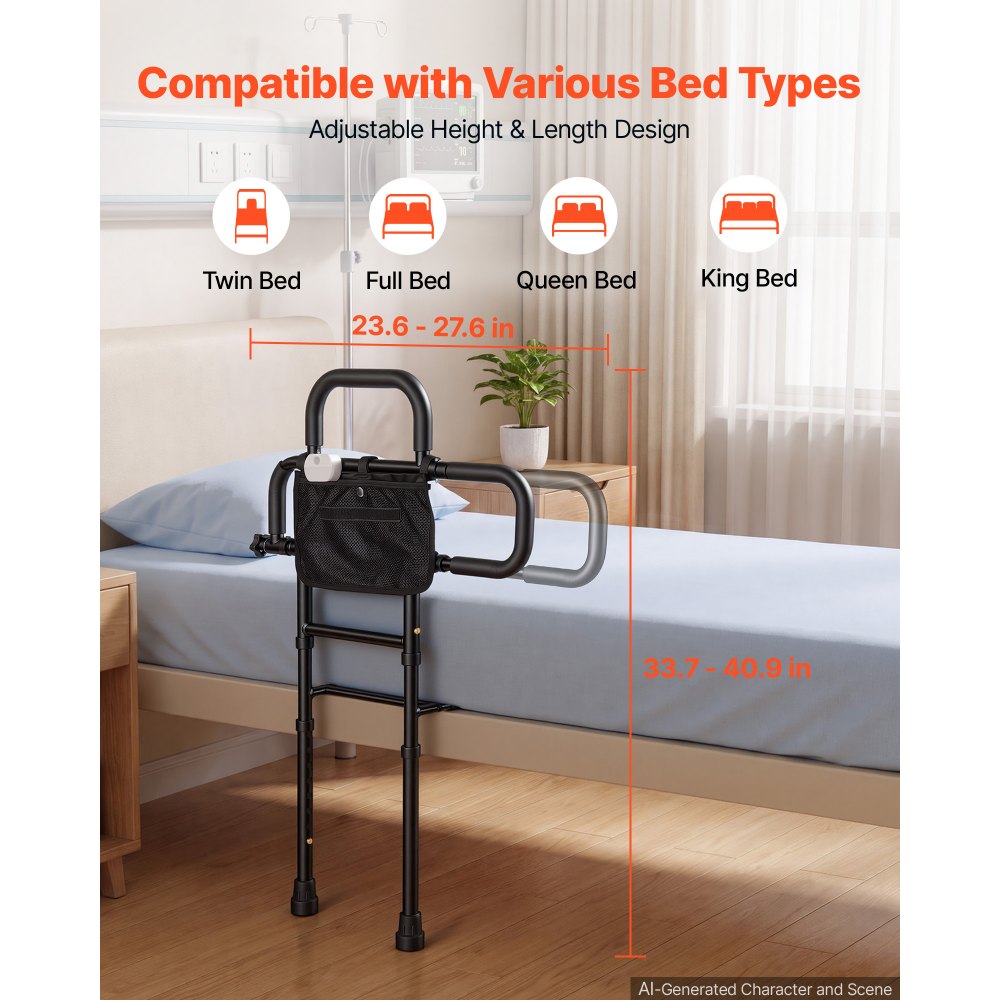 VEVOR Bed Rail for Elderly Adult Folding Bed Assist Rail with Floor Support, Motion Sensor LED Light, 300LBS Dual-Handle Support, Adjustable Handle Length, Storage Pocket, Fit King Queen Full Twin Bed